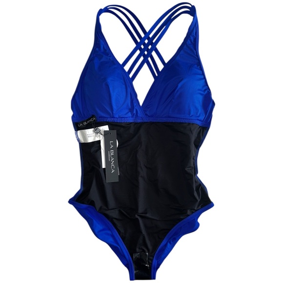 NWT La Blanca Blue Tummy Control Island Goddess Cross-Back One Piece Swimsuit - Picture 7 of 12